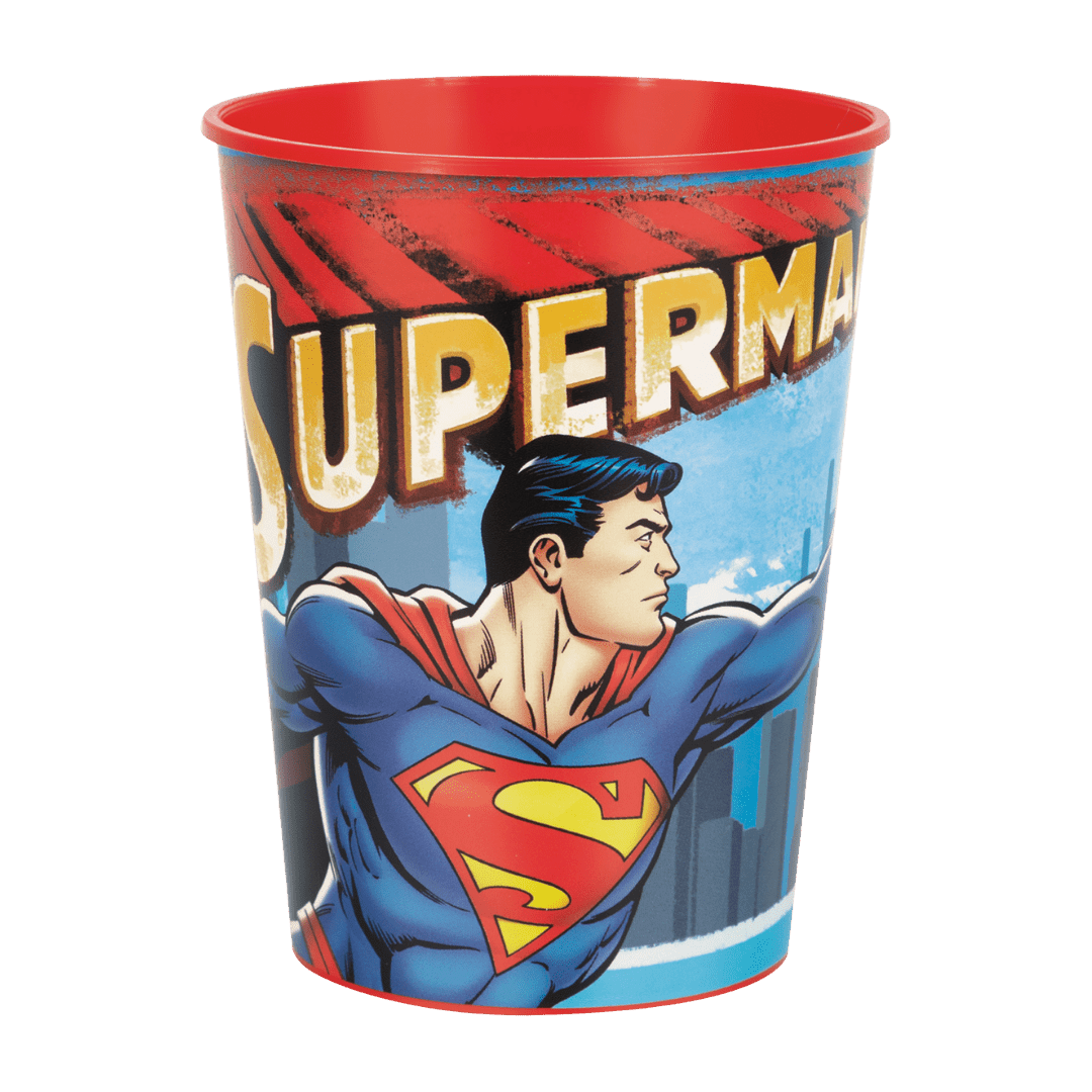 Red blue Superman plastic cup with superhero comic design kids birthday from Parte Haus party supply store in Bethesda MD