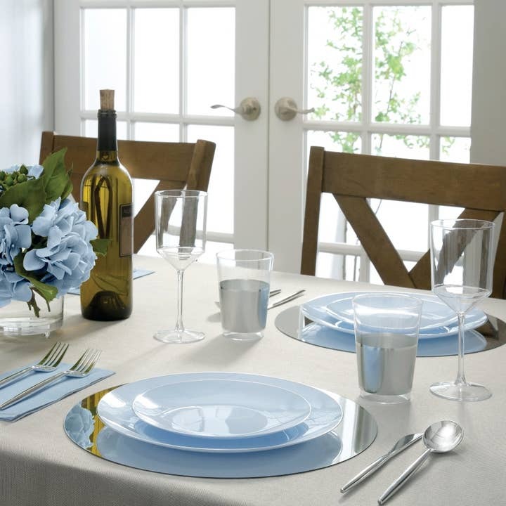 Light blue dinnerware elegant table setting for dinner party from Parte Haus party supply store in Bethesda MD
