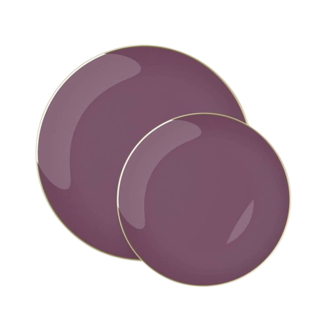 Purple paper plates with gold rim round shape for birthday from Parte Haus party supply store in Bethesda MD