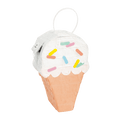 White and tan ice cream cone piñata with colorful sprinkles birthday theme from Parte Haus party supply store in Bethesda MD