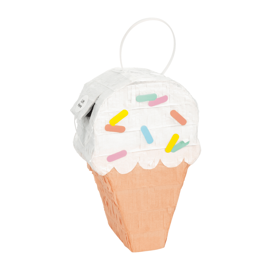 White and tan ice cream cone piñata with colorful sprinkles birthday theme from Parte Haus party supply store in Bethesda MD