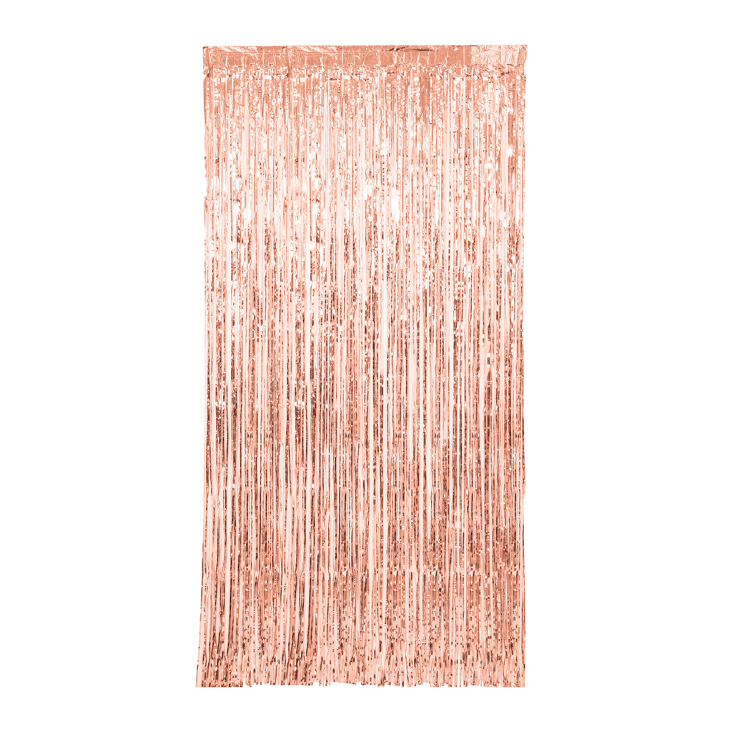 Rose gold foil fringe curtain backdrop for birthdays from Parte Haus party supply store in Bethesda MD.