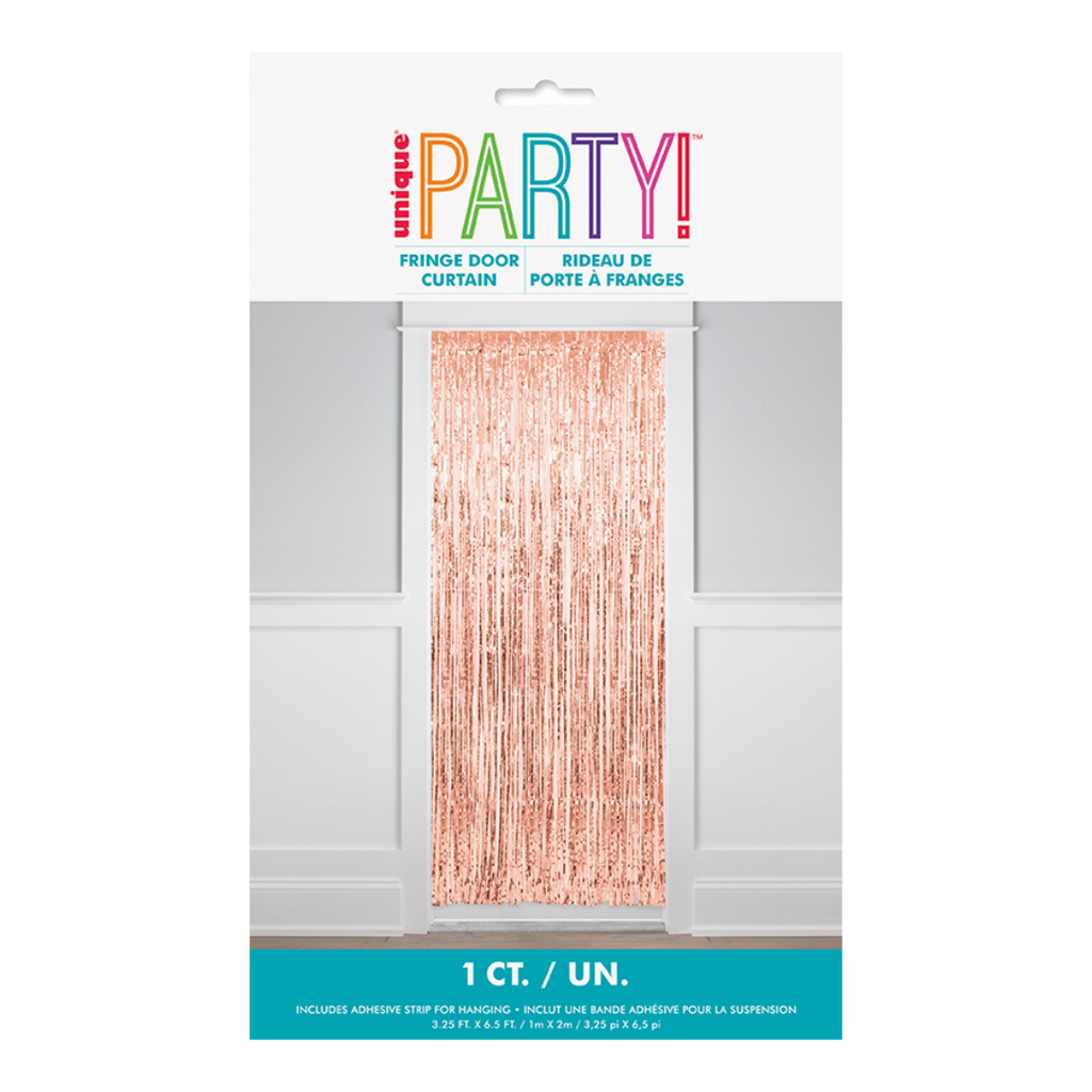 Rose gold fringe door curtain shiny metallic decoration for birthday from Parte Haus party supply store in Bethesda MD