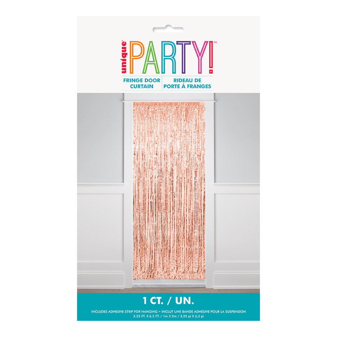 Rose gold fringe door curtain shiny metallic decoration for birthday from Parte Haus party supply store in Bethesda MD