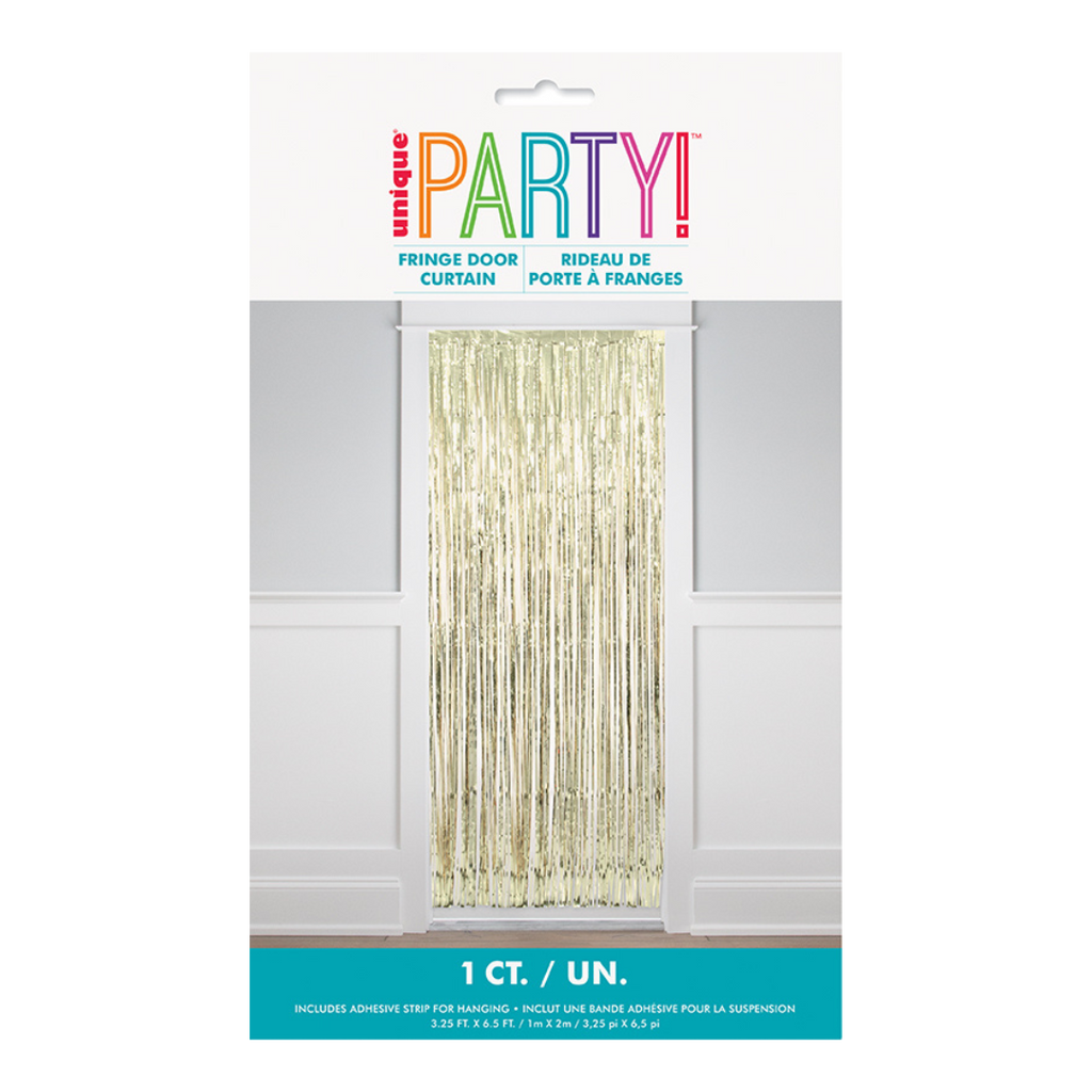 Gold fringe door curtain shiny metallic decoration birthday from Parte Haus party supply store in Bethesda Maryland