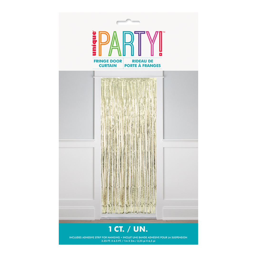 Gold fringe door curtain shiny metallic decoration birthday from Parte Haus party supply store in Bethesda Maryland