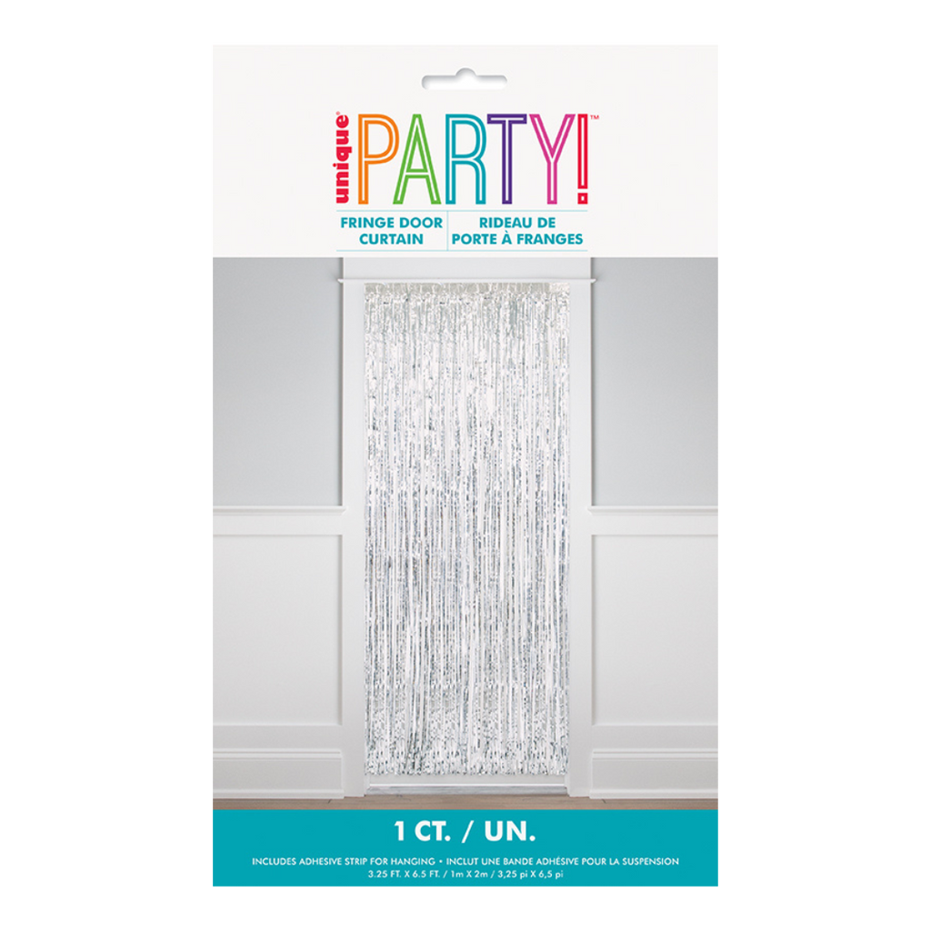 Silver fringe door curtain festive backdrop for birthday celebration from Parte Haus party supply store in Bethesda Maryland