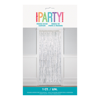 Silver fringe door curtain festive backdrop for birthday celebration from Parte Haus party supply store in Bethesda Maryland