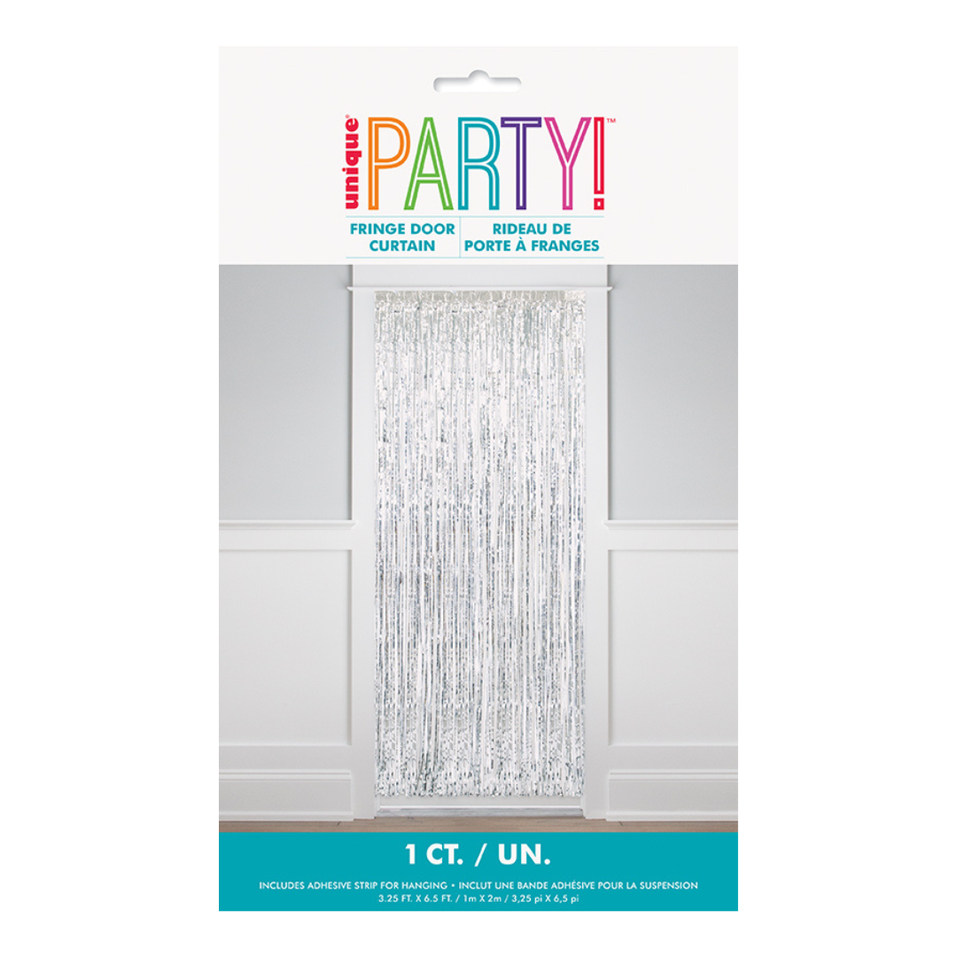 Silver fringe door curtain festive backdrop for birthday celebration from Parte Haus party supply store in Bethesda Maryland