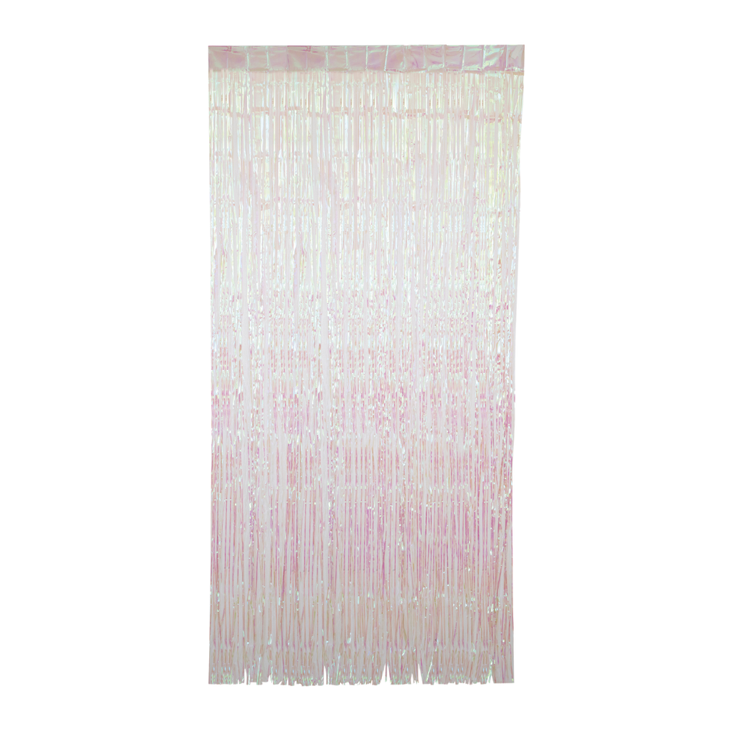 Iridescent pink fringe curtain backdrop for birthday from Parte Haus party supply store in Bethesda MD