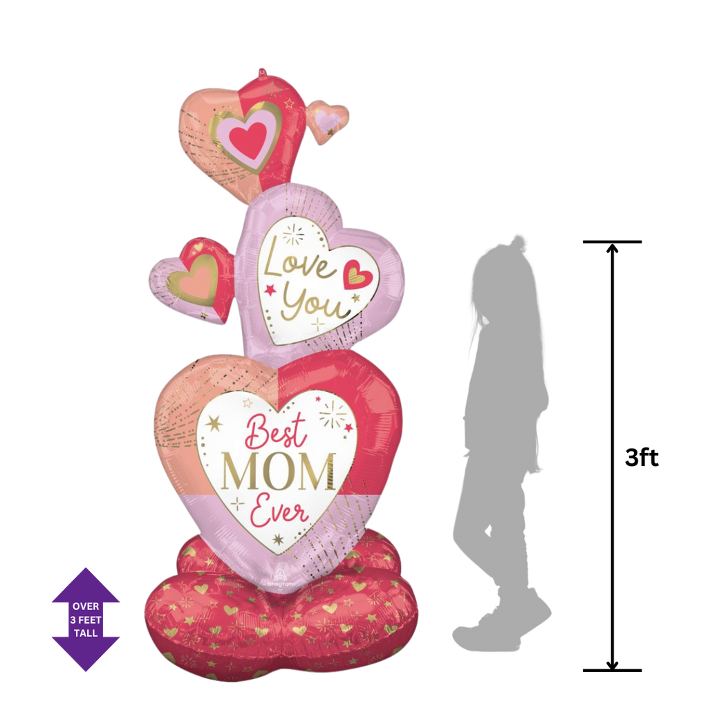 Pink and red heart balloon bouquet with Best Mom Ever theme for Mother's Day from Parte Haus party supply store in Bethesda MD.