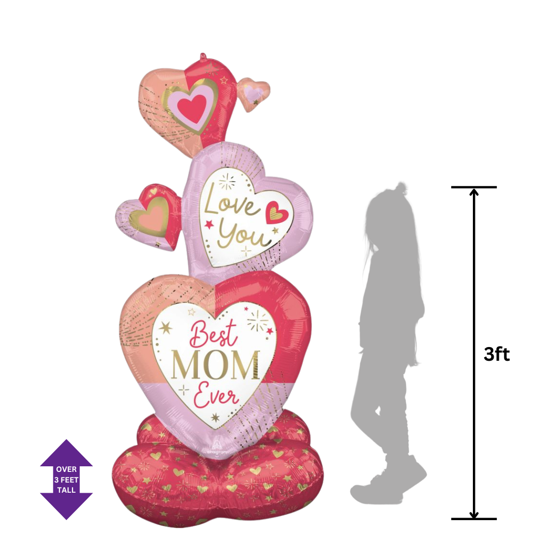 Pink and red heart balloon bouquet with Best Mom Ever theme for Mother's Day from Parte Haus party supply store in Bethesda MD.