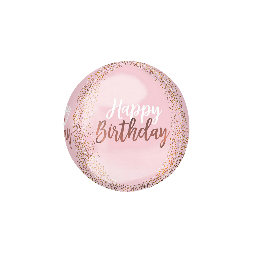 Blush orbz foil balloon with gold confetti birthday theme from Parte Haus party supply store in Bethesda MD