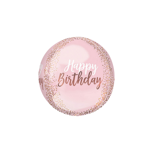 Blush orbz foil balloon with gold confetti birthday theme from Parte Haus party supply store in Bethesda MD