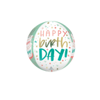Colorful orb foil balloon with Happy Birthday and stars birthday theme from Parte Haus party supply store in Bethesda MD