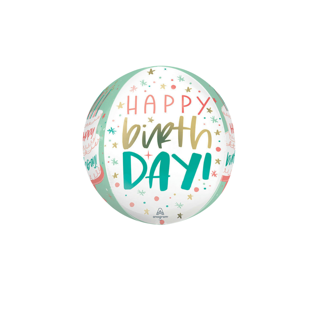 Colorful orb foil balloon with Happy Birthday and stars birthday theme from Parte Haus party supply store in Bethesda MD