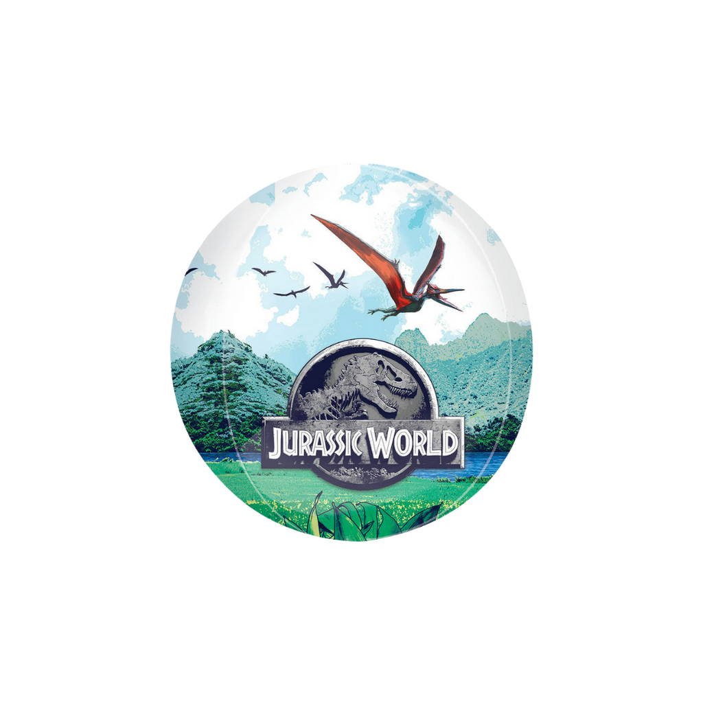 blue Jurassic World foil balloon with dinosaurs for birthday from Parte Haus party supply store in Bethesda MD