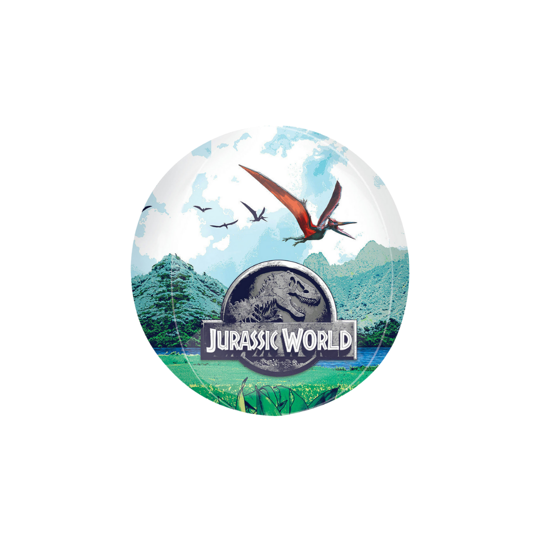 blue Jurassic World foil balloon with dinosaurs for birthday from Parte Haus party supply store in Bethesda MD