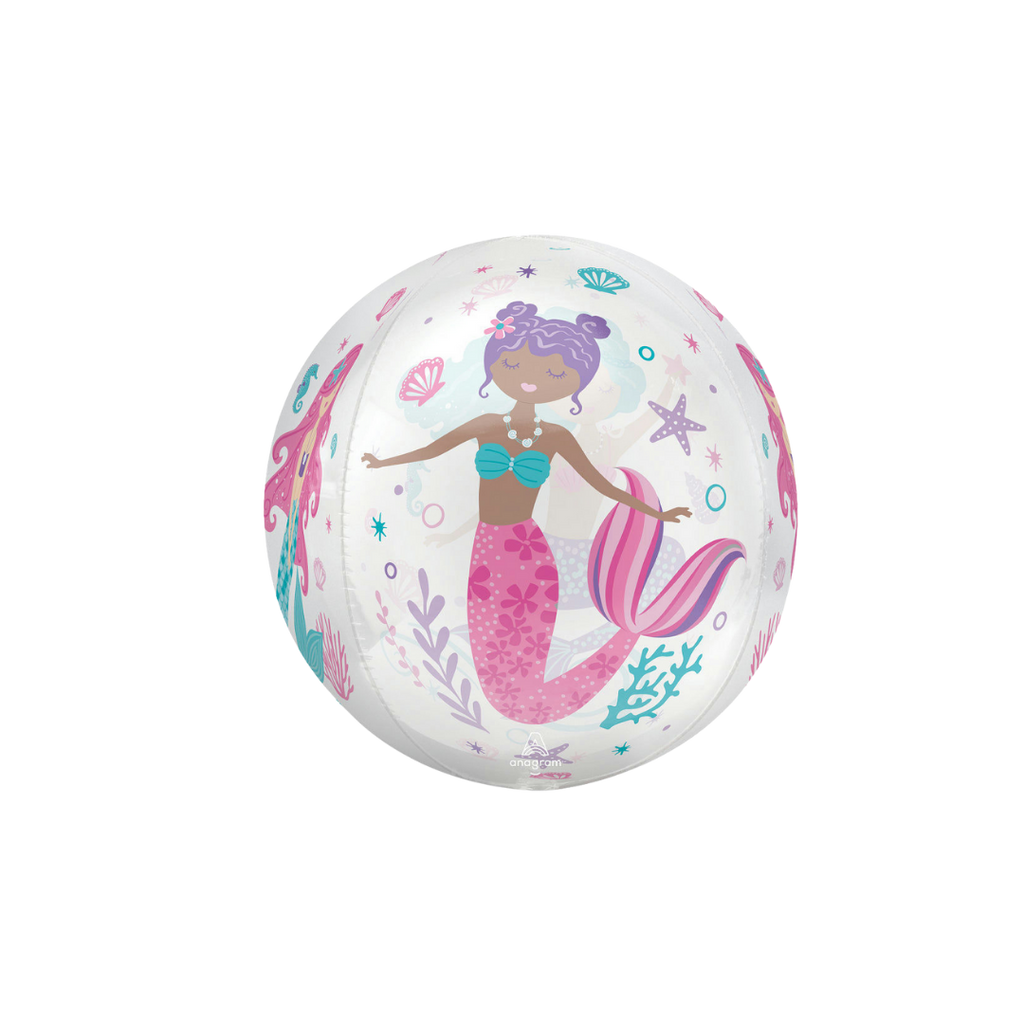 Clear shimmering mermaid foil balloon with colorful undersea design for mermaid birthday from Parte Haus party supply store in Bethesda Maryland