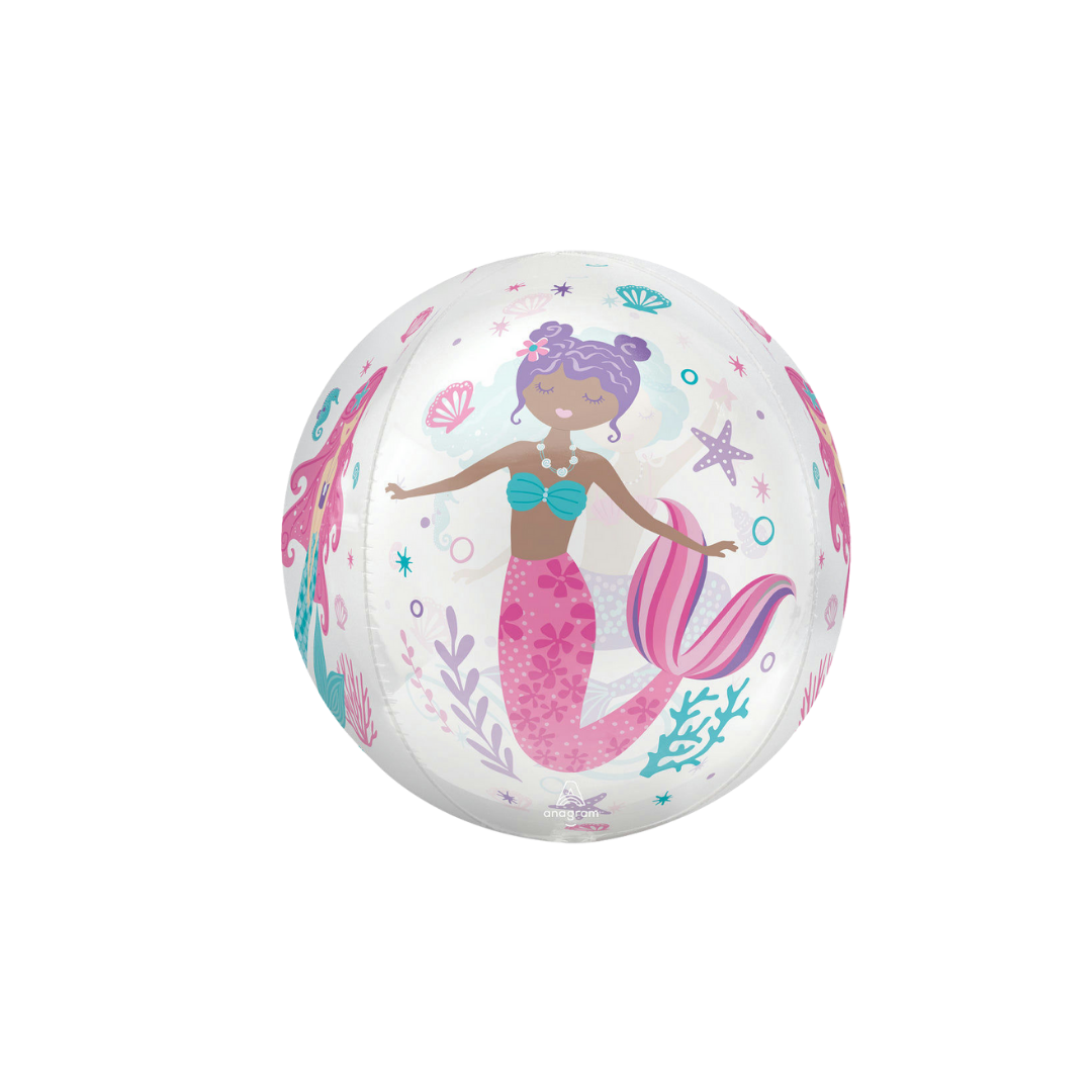 Clear shimmering mermaid foil balloon with colorful undersea design for mermaid birthday from Parte Haus party supply store in Bethesda Maryland