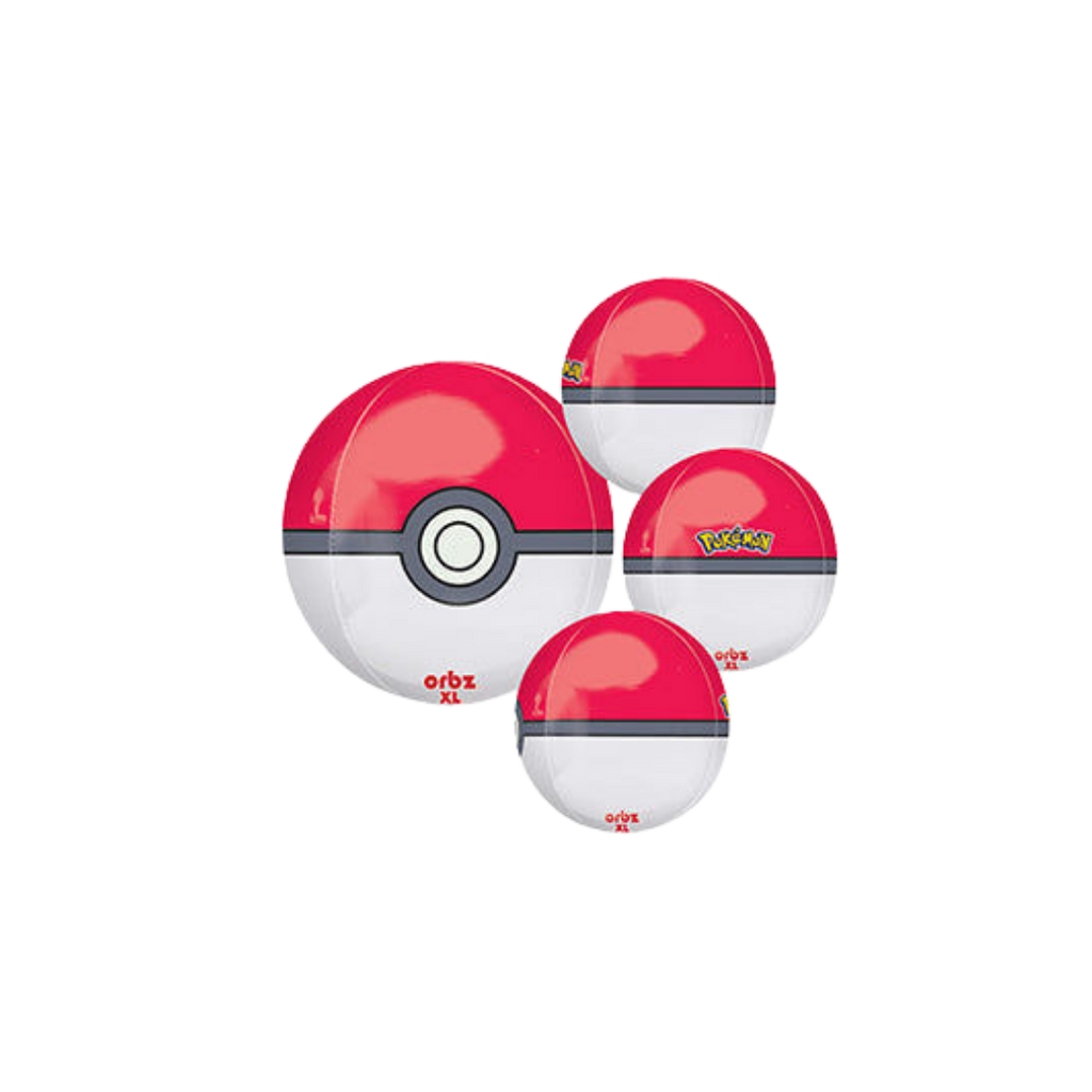 Red and white Pokeball Orbz XL balloon set for kids birthday from Parte Haus party supply store in Bethesda Maryland