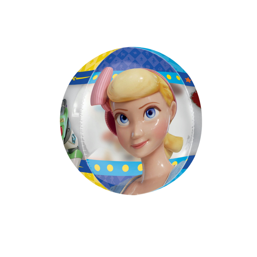 Blue and yellow Toy Story 4 round foil balloon with Bo Peep character for kids birthday from Parte Haus party supply store in Bethesda Maryland