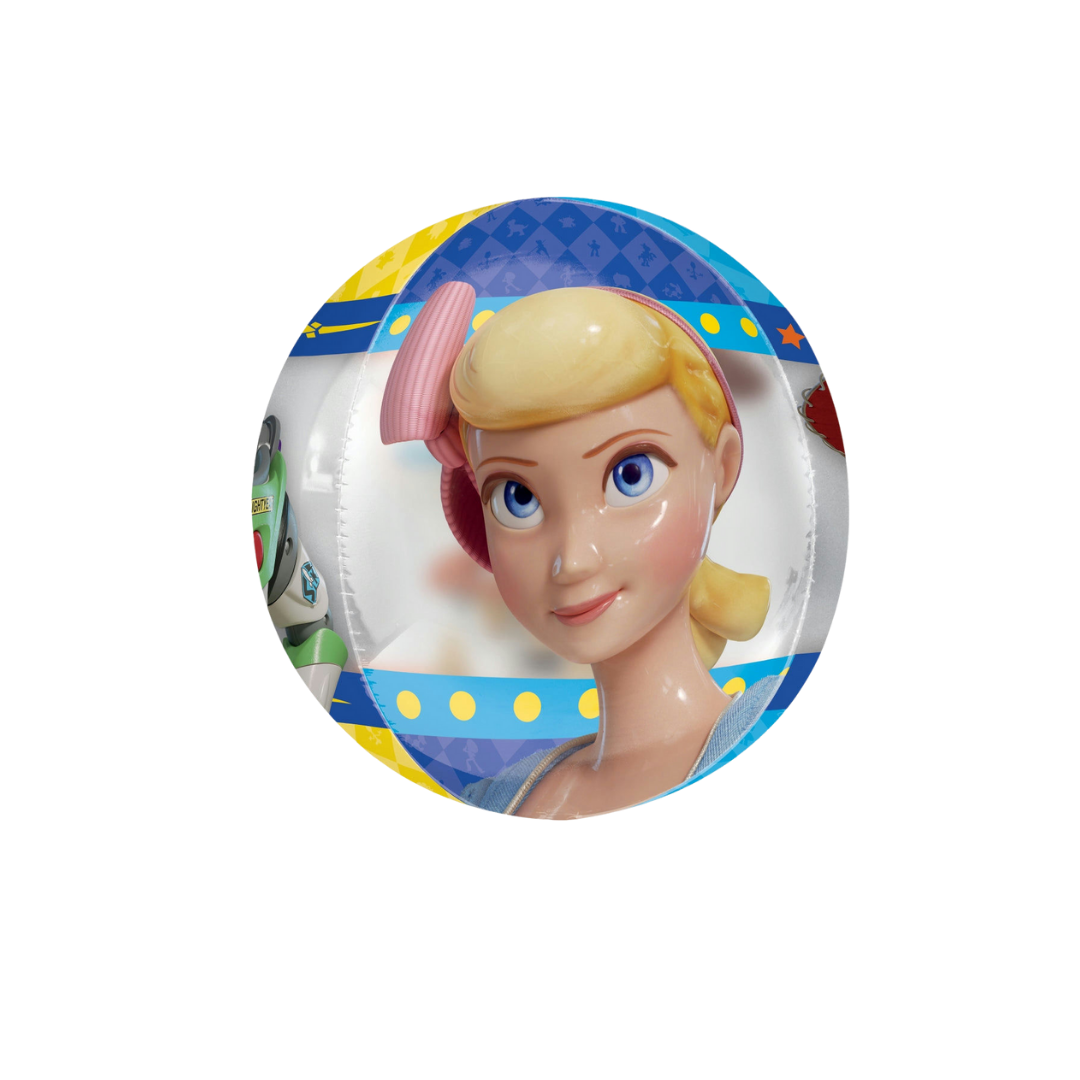 Blue and yellow Toy Story 4 round foil balloon with Bo Peep character for kids birthday from Parte Haus party supply store in Bethesda Maryland