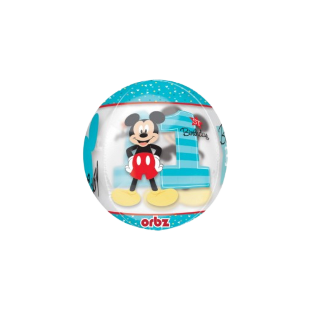 Blue Mickey Mouse first birthday balloon with cartoon and number one theme from Parte Haus party supply store in Bethesda Maryland