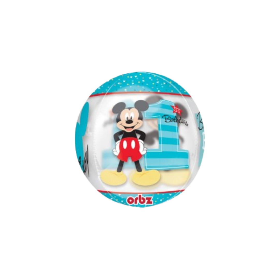 Blue Mickey Mouse first birthday balloon with cartoon and number one theme from Parte Haus party supply store in Bethesda Maryland