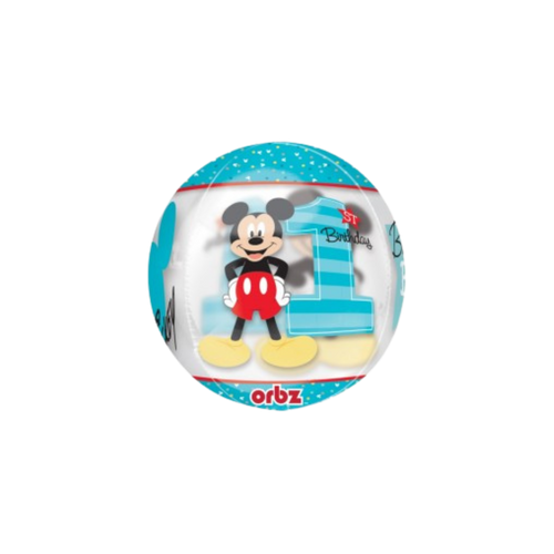 Blue Mickey Mouse first birthday balloon with cartoon and number one theme from Parte Haus party supply store in Bethesda Maryland