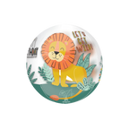 Clear round foil balloon with a cute lion and leaves for birthday jungle theme from Parte Haus party supply store in Bethesda MD