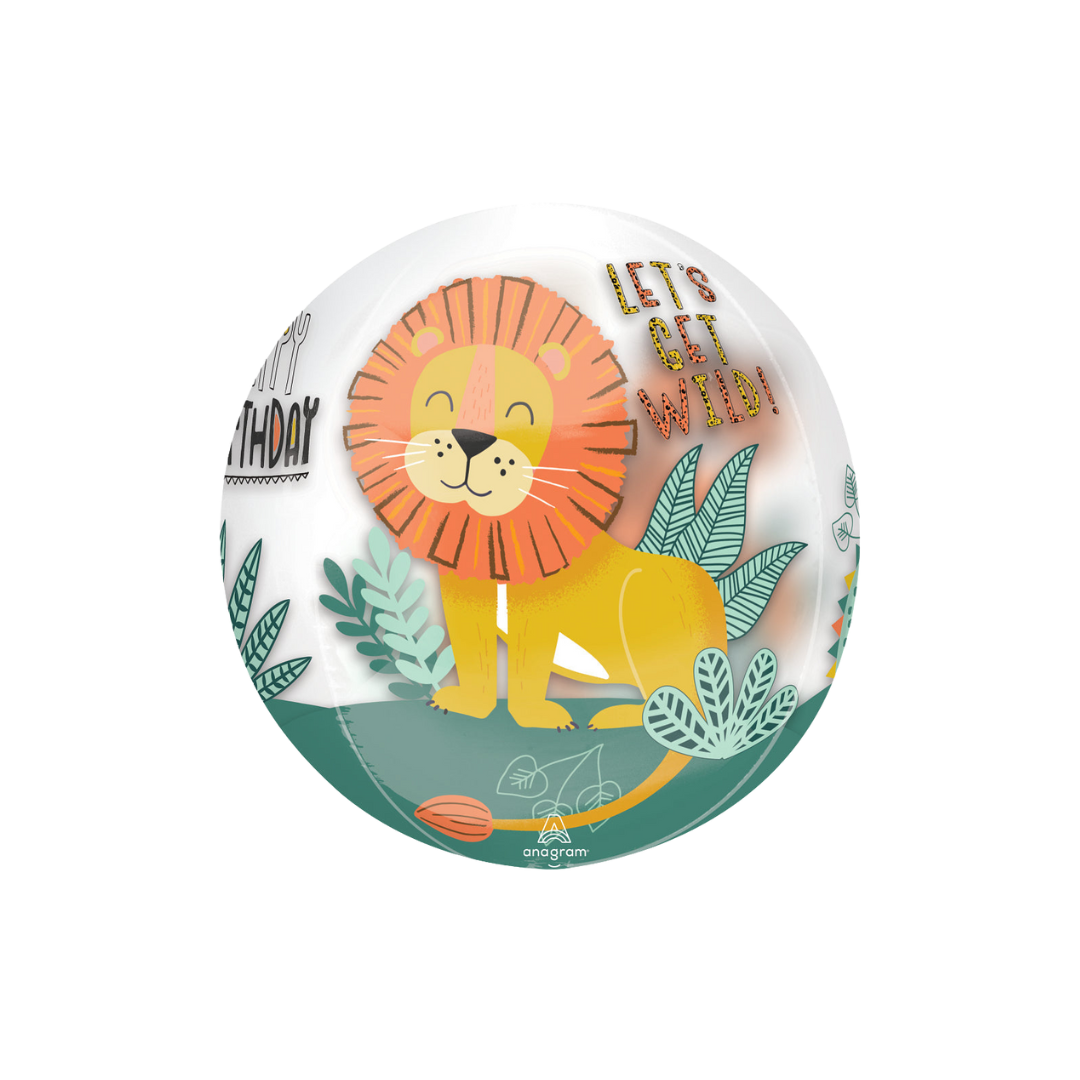 Clear round foil balloon with a cute lion and leaves for birthday jungle theme from Parte Haus party supply store in Bethesda MD