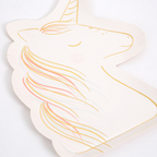 White unicorn shaped plate with pastel gold pink and blue details unicorn theme from Parte Haus party supply store in Bethesda MD