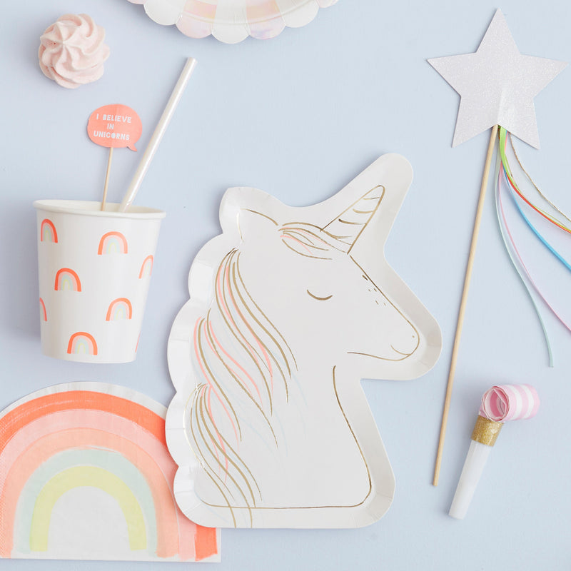 Pastel unicorn plate rainbow napkin and cup for kids birthday from Parte Haus party supply store in Bethesda MD