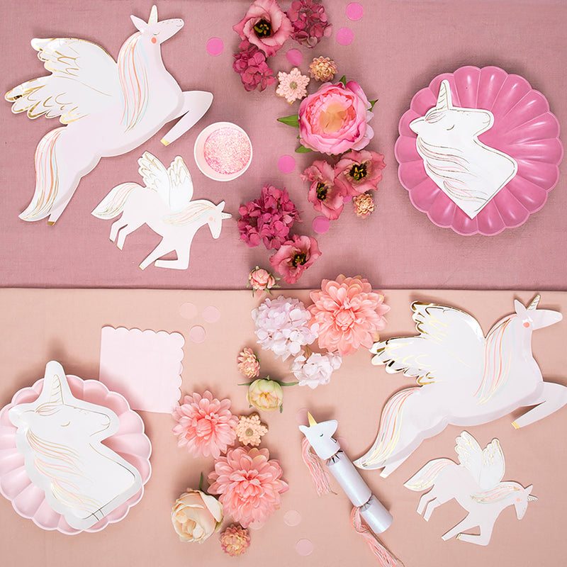 Pink and white unicorn plates with pastel flowers unicorn birthday from Parte Haus party supply store in Bethesda MD