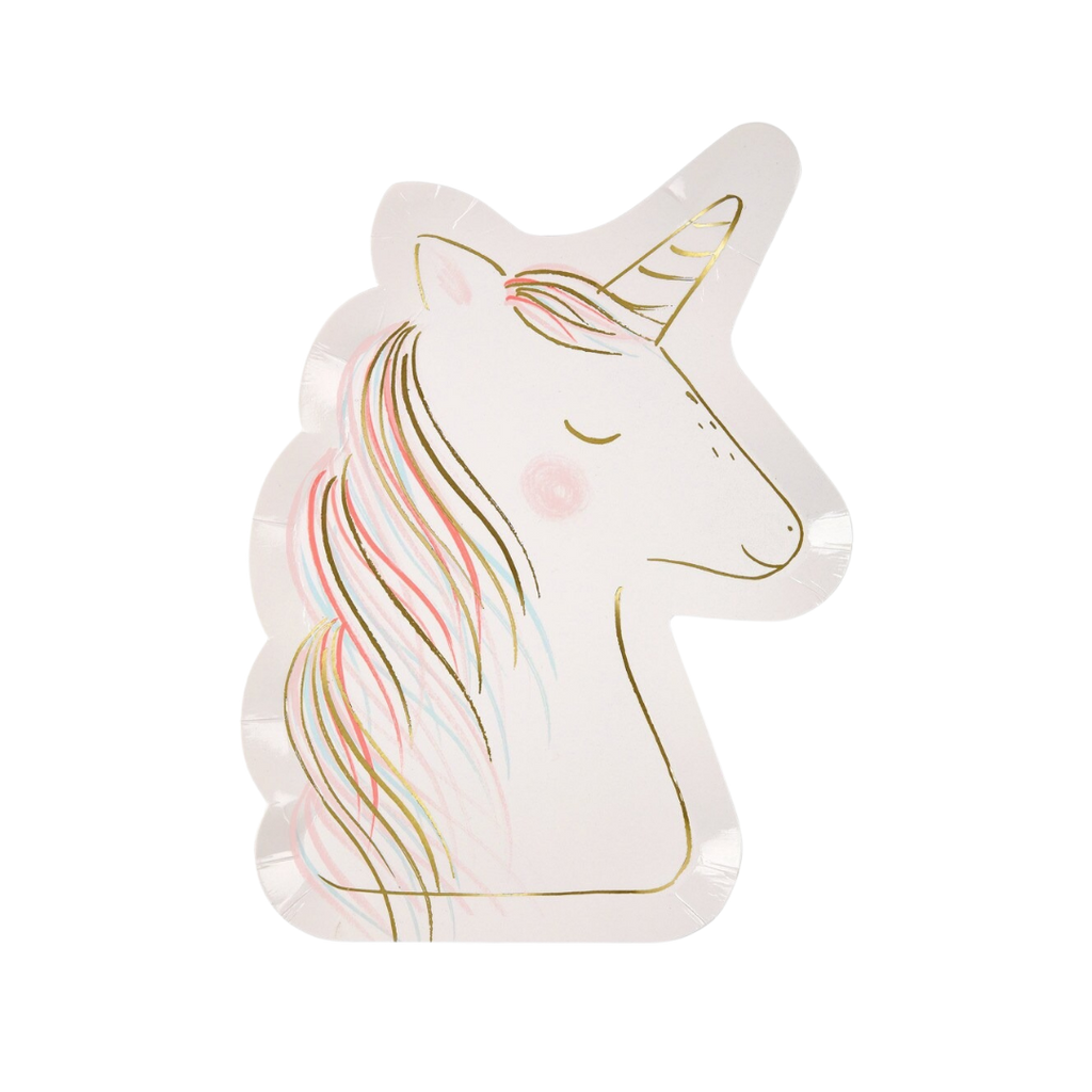 Pink and gold unicorn shaped paper plate for birthday from Parte Haus party supply store in Bethesda MD