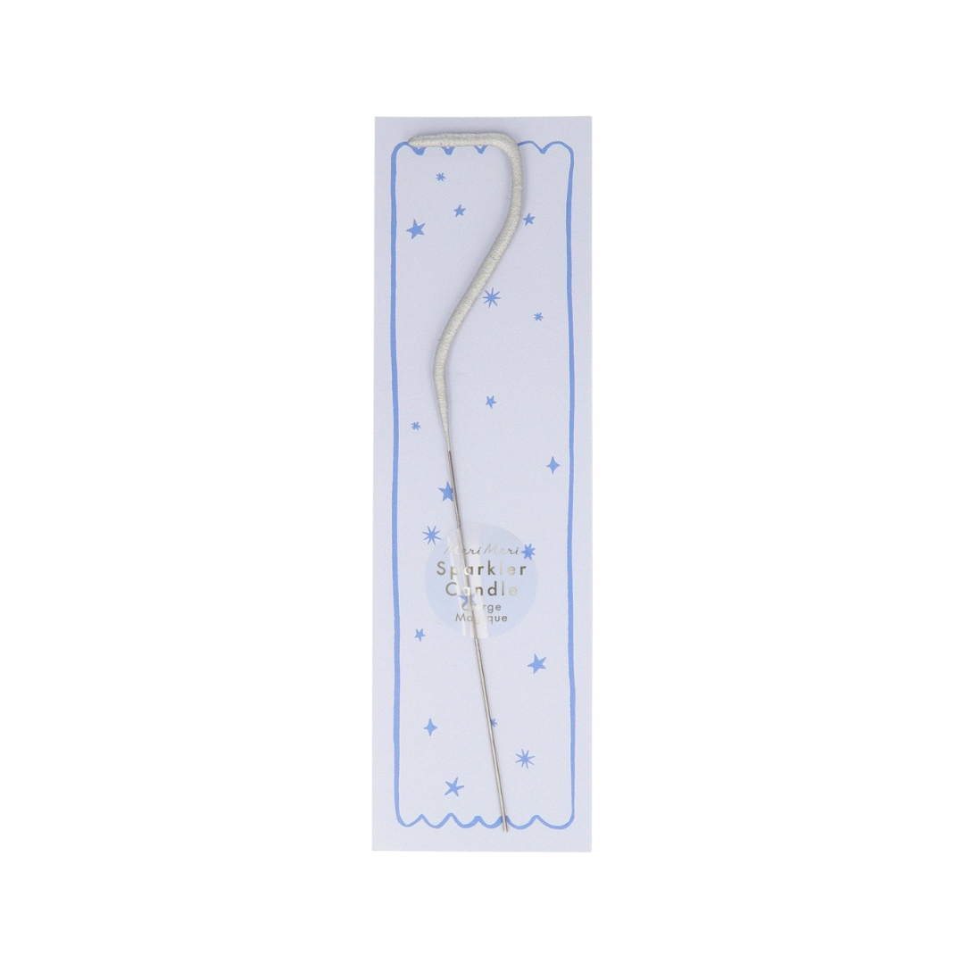 Silver swirl sparkler candle on decorative card for birthday from Parte Haus party supply store in Bethesda MD