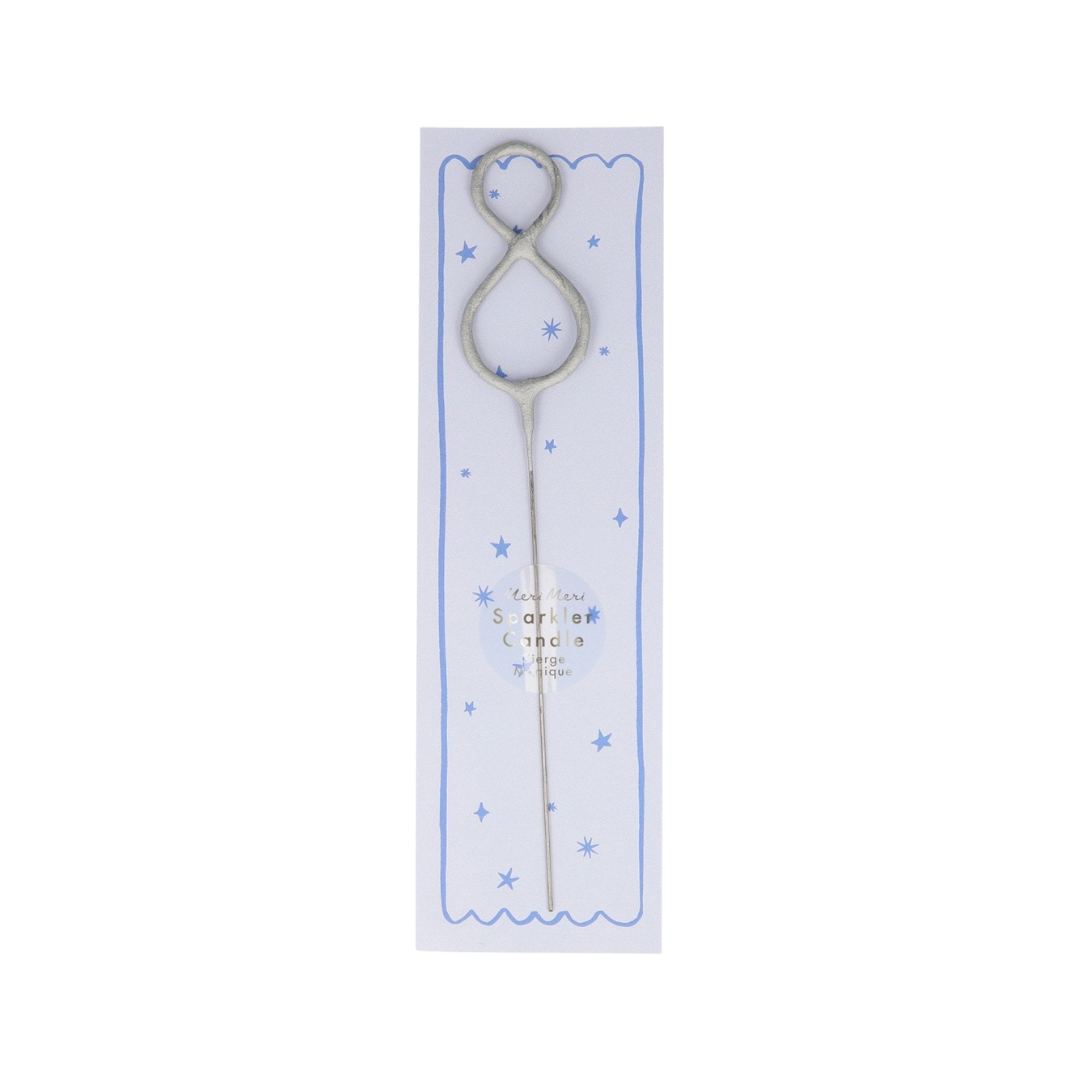 Silver number eight sparkler candle on star print card for birthday from Parte Haus party supply store in Bethesda MD