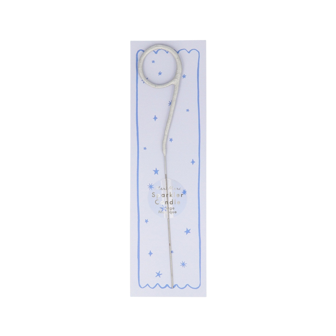 Silver number nine sparkler candle on white card birthday decor from Parte Haus party supply store in Bethesda MD