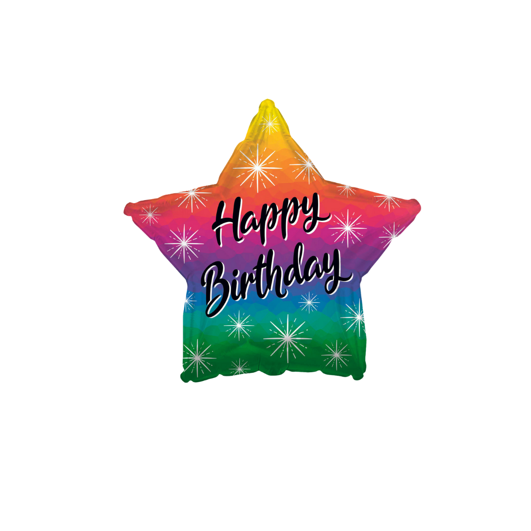 Rainbow star foil balloon with Happy Birthday text birthday theme from Parte Haus party supply store in Bethesda MD