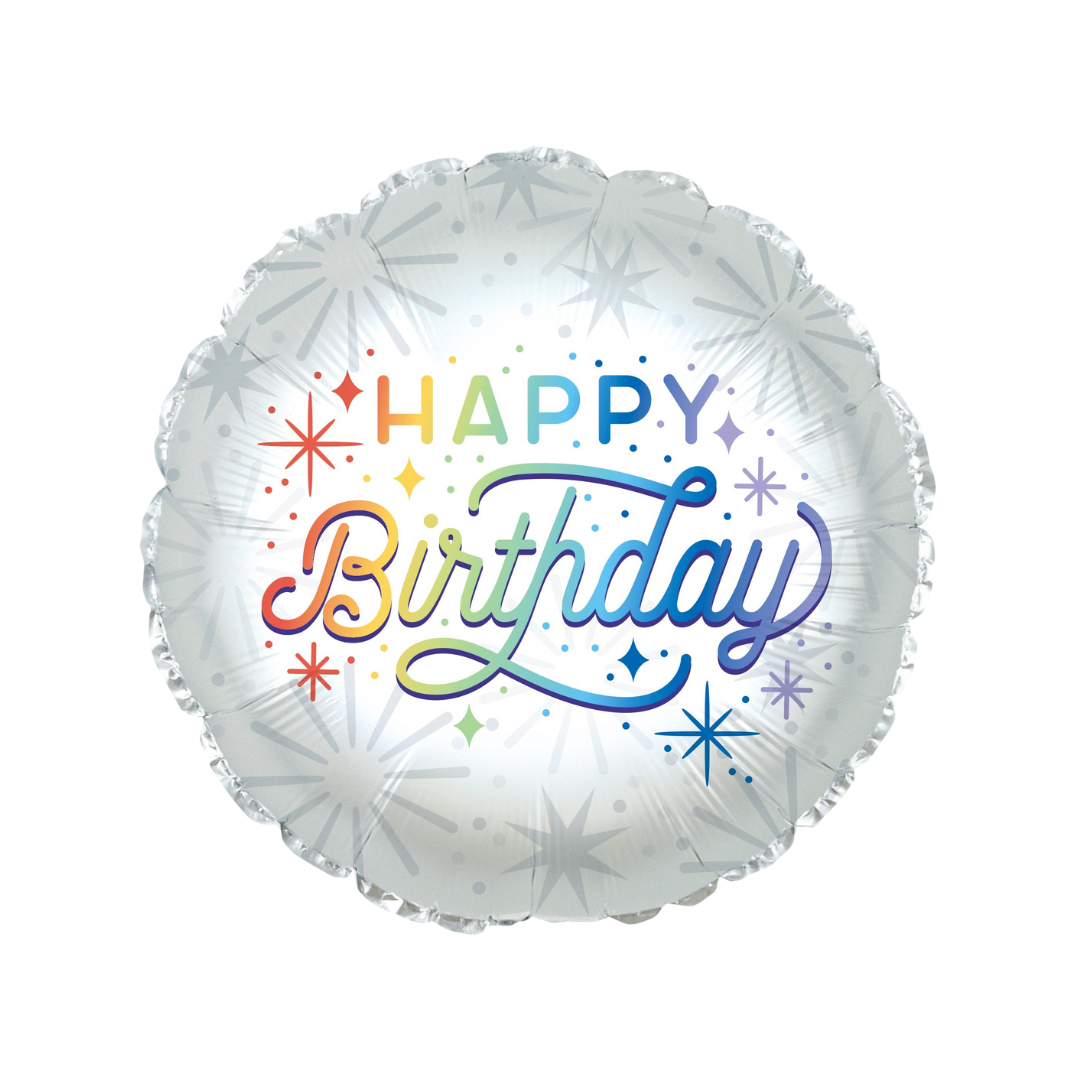 rainbow foil balloon with retro happy birthday design birthday from Parte Haus party supply store in Bethesda MD