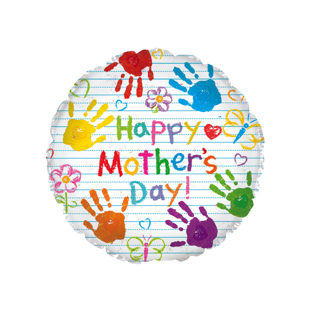 Colorful foil balloon with crayon handprints and Happy Mother's Day from Parte Haus party supply store in Bethesda MD