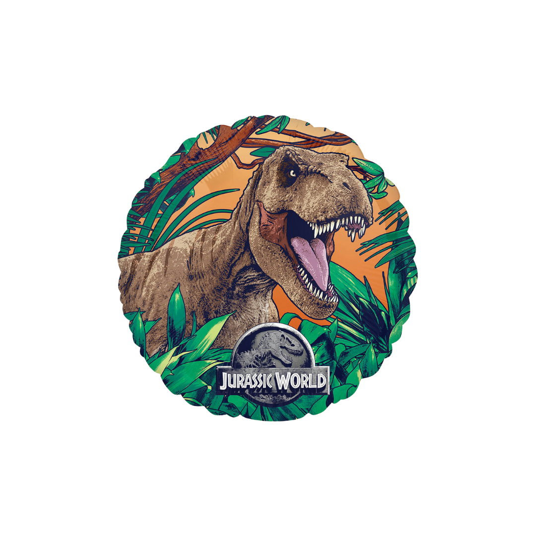 multicolor Jurassic World foil balloon with dinosaur and jungle for dinosaur birthday from Parte Haus party supply store in Bethesda Maryland