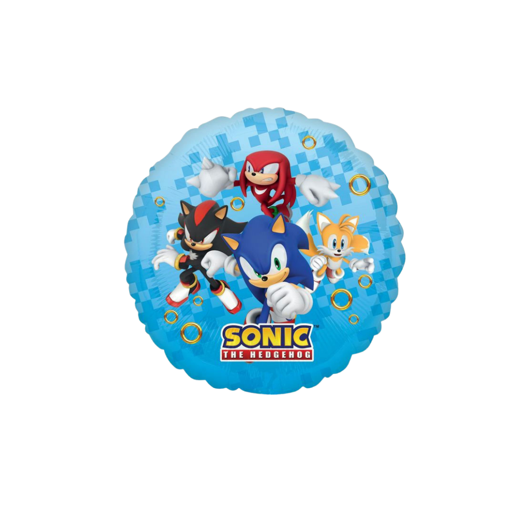 Blue Sonic the Hedgehog round foil balloon with characters for birthday theme from Parte Haus party supply store in Bethesda MD