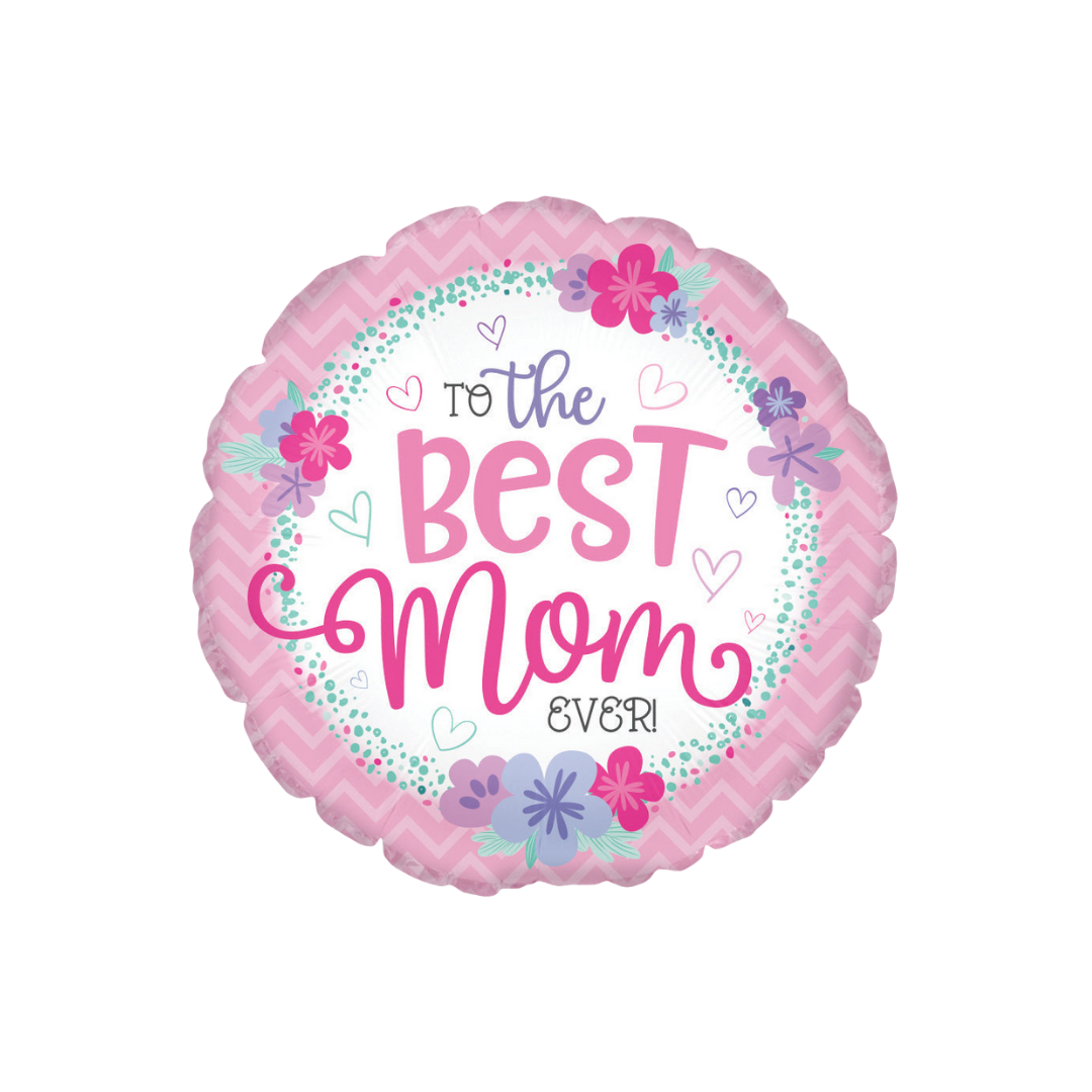 Pink round foil balloon with floral accents for Mother's Day from Parte Haus party supply store in Bethesda Maryland