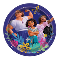 Purple Encanto paper plate featuring animated characters and flowers for birthday from Parte Haus party supply store in Bethesda MD