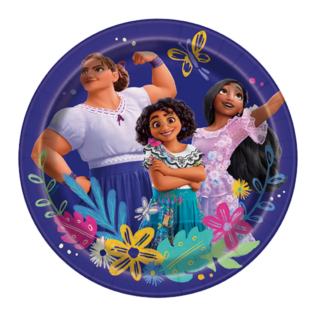 Purple Encanto paper plate featuring animated characters and flowers for birthday from Parte Haus party supply store in Bethesda MD