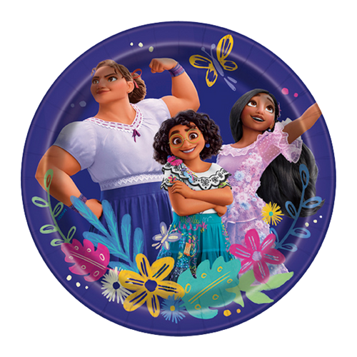 Purple Encanto paper plate featuring animated characters and flowers for birthday from Parte Haus party supply store in Bethesda MD