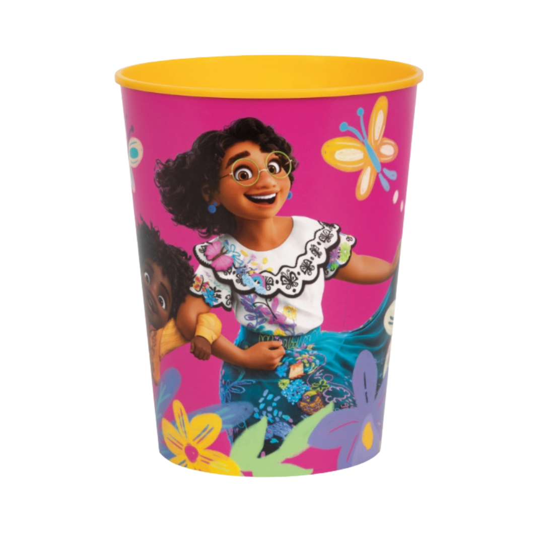 Pink Encanto plastic cup with Mirabel and butterfly design birthday theme from Parte Haus party supply store in Bethesda MD