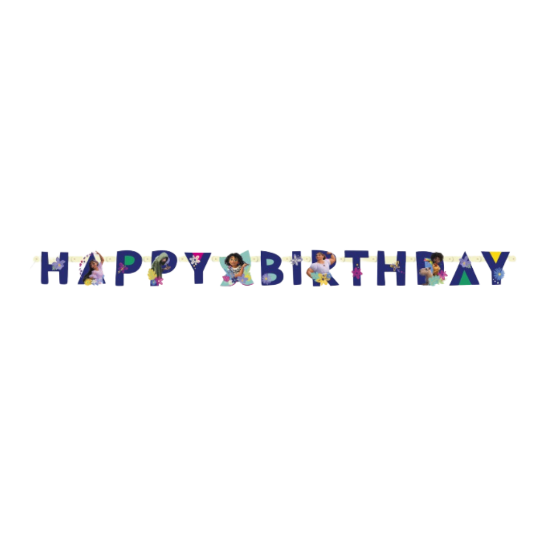 Multicolor Encanto happy birthday banner with characters for kids birthday from Parte Haus party supply store in Bethesda MD